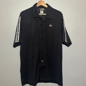 Men's Size M Vintage Black Adidas Full Button Up Polo 3 Stripe Short Sleeve